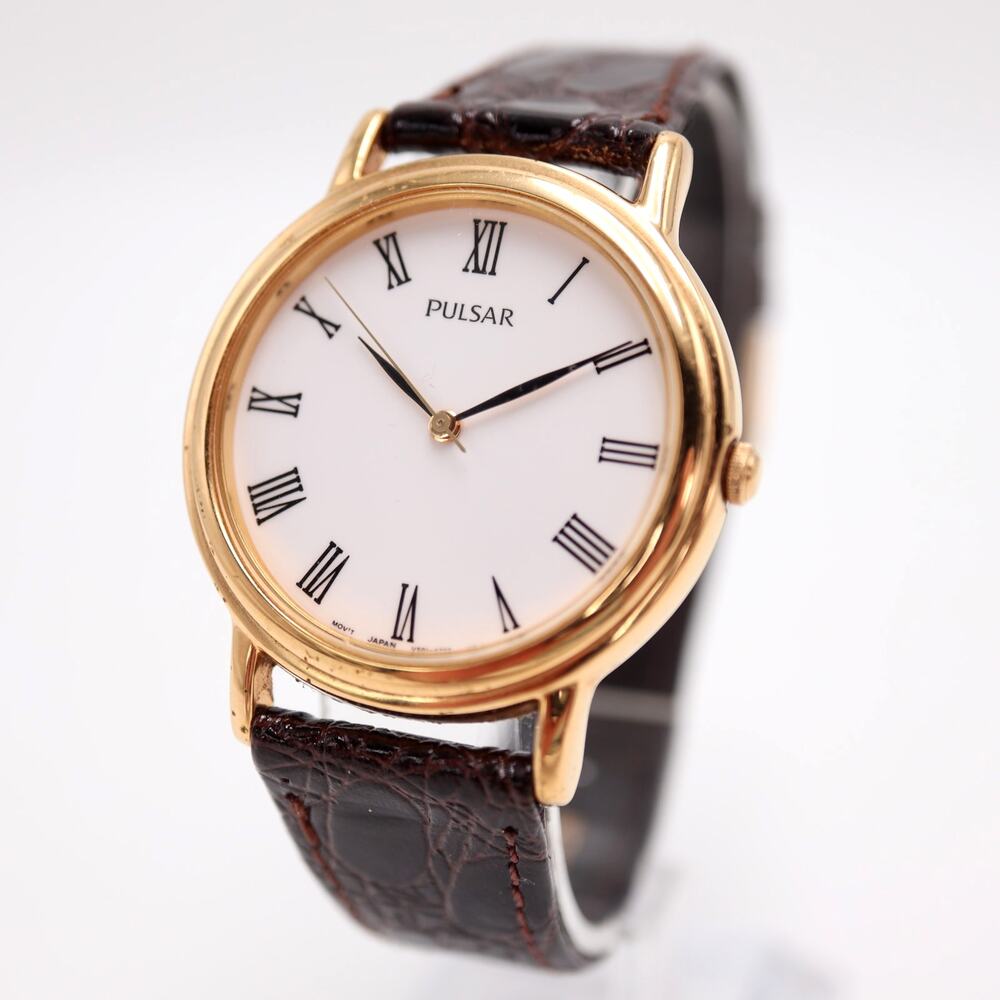 Pulsar by Seiko Gold Tone 34mm Unisex Roman Watch Brown Leather w New Battery